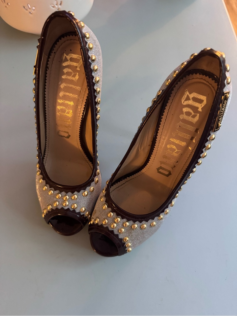 John Galliano Y2K Mesh Patent Platform Heels Gold Studs Collectible 37.5